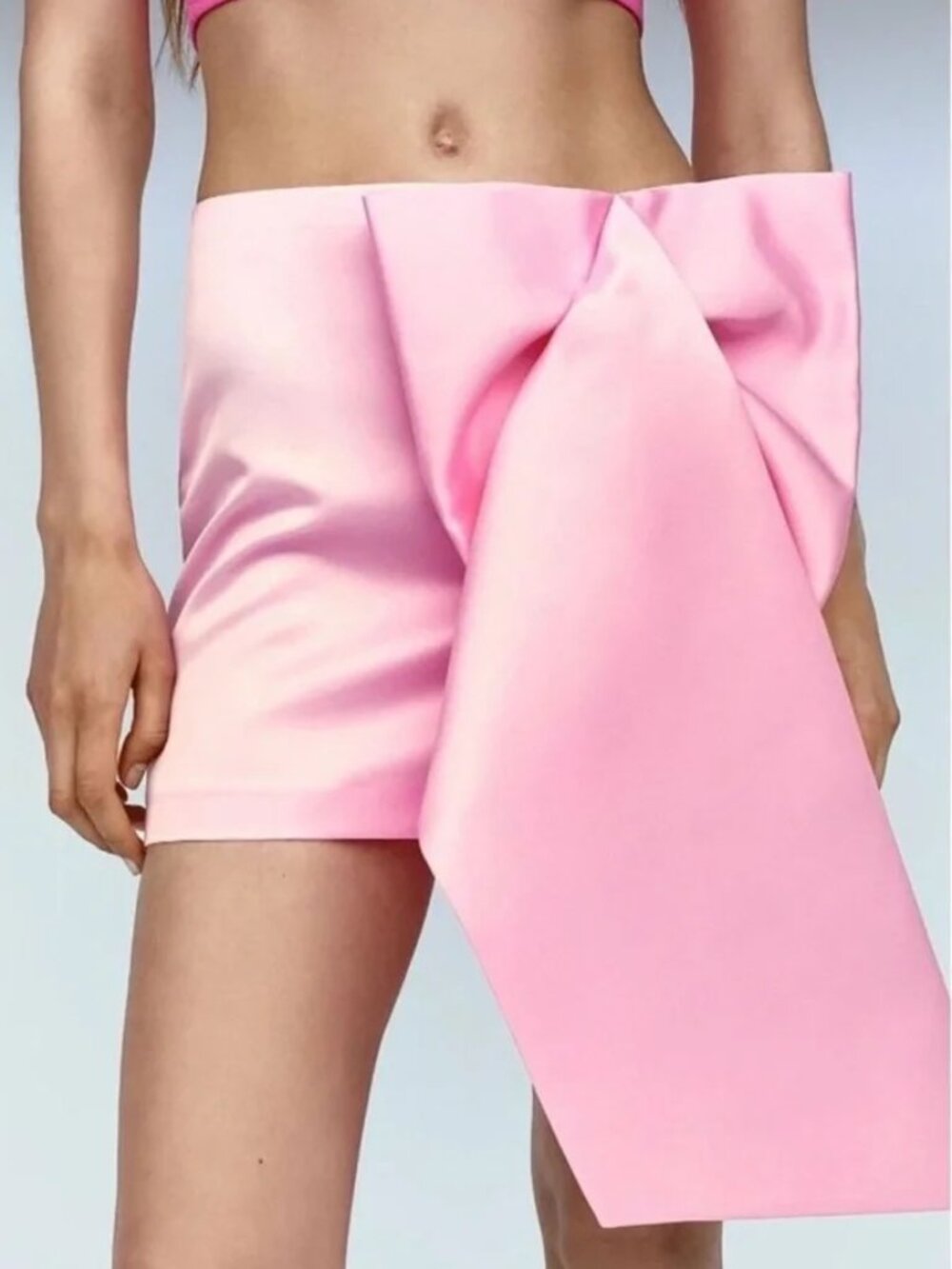 Zara Pink Satin Bow Draped Mini Skirt Statement NWT Size Medium